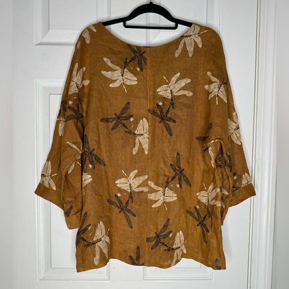 VIOLA BORGHI Linen Dragon Fly Print Pullover 3/4 Sleeve Top Italy Women’s S BOHO - Picture 4 of 8
